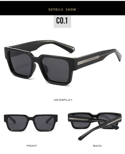 Vues détaillées de lunettes de soleil polarisées noires carrées avec charnière en métal
