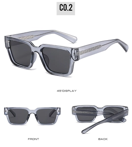 Vues détaillées de lunettes de soleil carrées polarisées avec monture grise et branches à ressort
