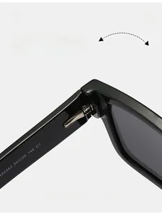 Détail des charnières métalliques et des spécifications sur la branche des lunettes de soleil