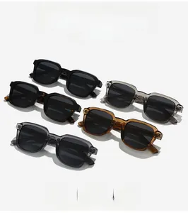 Overview of multiple retro square sunglasses in black, tortoiseshell, and amber colors