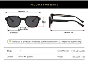 Detailed size chart for retro square sunglasses with TR and metal pin frame specifications
