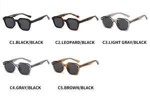 Flat lay collection of five vintage square frame sunglasses in assorted retro colors