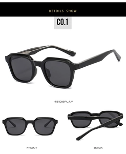 Three-angle view of black square frame sunglasses with thick acetate and dark grey lenses