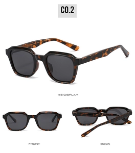 Detail view of tortoiseshell sunglasses showing 45-degree, front, and back frame angles