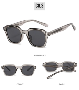 Detailed multi-angle views of translucent gray rectangular sunglasses from 45 degree and front