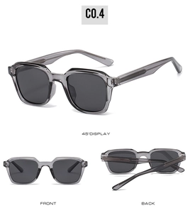 Multi-angle view of grey transparent rectangle sunglasses with dark lenses and textured temples