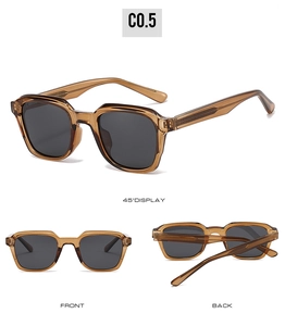 Detailed multi-angle views of retro translucent tea frames with dark grey sunglasses lenses
