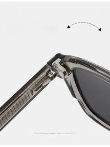 Detail of durable silver spring hinge on grey translucent acetate sunglasses frame