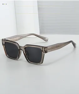 Detail of square polarized sunglasses featuring translucent grey frames and textured temples