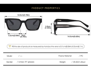 Detailed technical diagram of polarized sunglasses showing lens dimensions and frame width