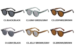 Matrix view of vintage round sunglasses in six assorted frame colors and lens tints