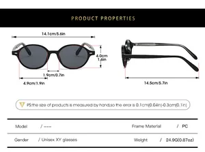 Detailed size chart for retro round frame sunglasses showing precise frame measurements