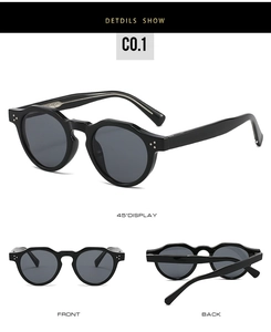 Detail show of retro black sunglasses with 45 degree display and metal stud accents