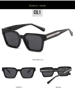 Multi-angle view of black square polarized sunglasses with metal lattice temples