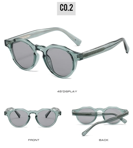 Multi-angle view of vintage round sunglasses with green frames and gray lenses