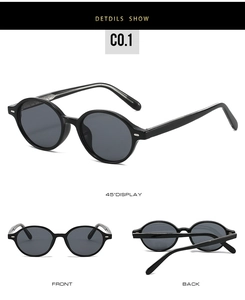 Detail view of vintage round frame sunglasses with silver stud accents and dark lenses