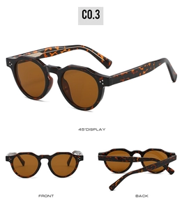Detail view of tortoiseshell round sunglasses with brown lenses from multiple angles