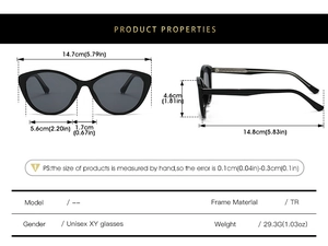 Detailed size specifications and TR frame material dimensions for cat eye sunglasses