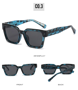 Three-view display of blue tortoiseshell square polarized sunglasses with spring hinges