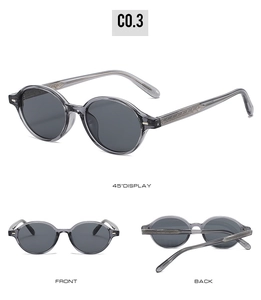 Detailed multi-angle views of round translucent grey sunglasses with metal core temples