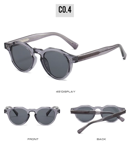 Three-view display of transparent grey vintage sunglasses showing front, back, and 45-degree angle