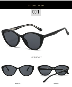 Detailed multi-angle views of black cat-eye sunglasses with dark grey lenses and metal accents