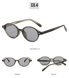 Detailed views of vintage oval sunglasses with smoke green frames and silver rivet accents