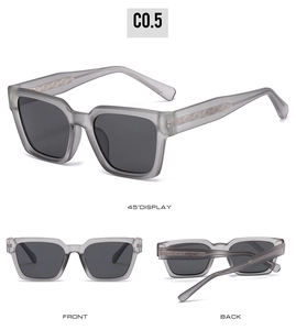 Detail view of square matte grey sunglasses with embossed woven texture on temples