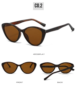 Three views of cat-eye sunglasses featuring dark tortoiseshell frames and brown lenses