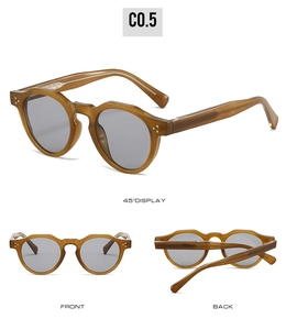 Three-view display of vintage wavy amber sunglasses with metallic triple-dot rivets