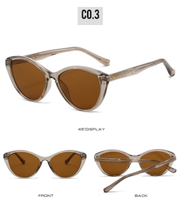 Detail view of cat-eye sunglasses featuring tea lenses and diamond-textured temples