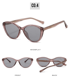 Detailed views of cat-eye sunglasses with translucent frame and textured temples