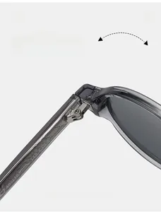 Detail shot of sturdy reinforced metal hinges and engraved specs on transparent grey frames
