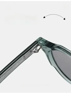 Detail of durable metal hinge with fine engraving on transparent green sunglasses frame