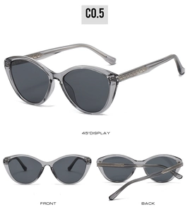 Three-way view of cat-eye sunglasses with grey frames and quilted pattern temples