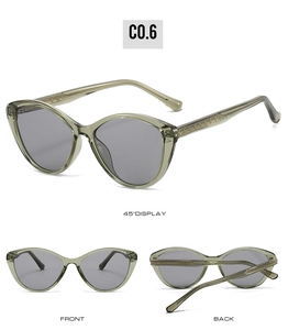 Detailed views of cat-eye sunglasses in olive green frame with dark gray lenses