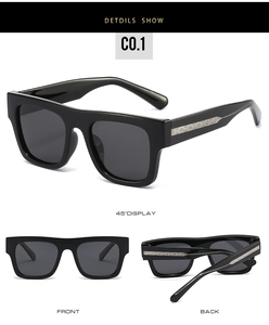 Vues détaillées de lunettes de soleil carrées noires avec ornements métalliques argentés