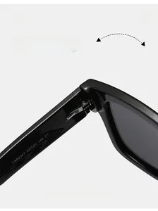 Détail de la charnière en métal renforcée et des spécifications sur lunettes de soleil