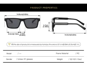Size guide for square polarized sunglasses with precise frame measurements in centimeters