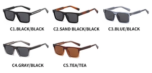 Detailed grid showing five color options of square polarized sunglasses with metal hinges