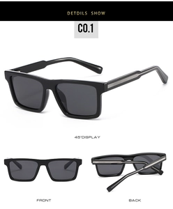Detail view of black square sunglasses with textured metal temple accents and sturdy frames