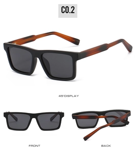 Three-view display of square polarized sunglasses with matte black frames and tortoise temples