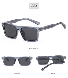 Detail views of square translucent grey sunglasses with spring hinges and dark grey lenses