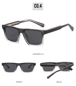 Three-angle view of gradient grey square polarized sunglasses with spring hinge