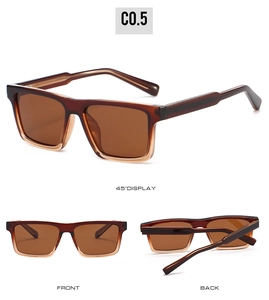 Detail view of square gradient brown sunglasses showing front, back, and 45-degree angles