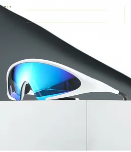 Close-up of white matte frame and blue mirrored lenses on outdoor sports sunglasses