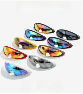 Detailed grid of futuristic wrap-around sports sunglasses in various vibrant colors