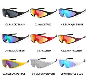 Outdoor cycling sunglasses showing nine colorful frame and lens variations in a grid view