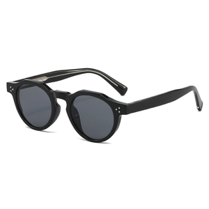 Classic retro black thick frame round sunglasses with triple metal stud accents on the corners