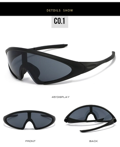 Detailed views of matte black sports sunglasses showing front, back, and 45-degree angles